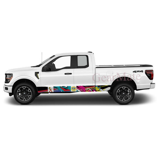 Racing Stripe Colorful Sponge Bob Rocker Panel Graphic Decal Kit (Left & Right Sides) - High Quality Vinyl for Trucks & SUVs