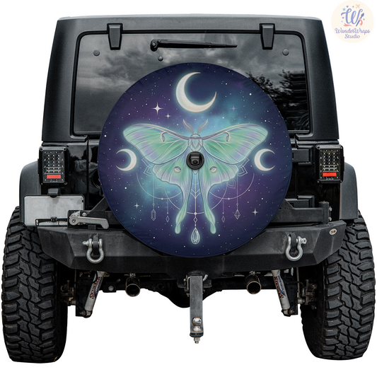 Lunar Moth Night Sky Spare Tire Cover – Waterproof UV Resistant Protector with Camera Hole