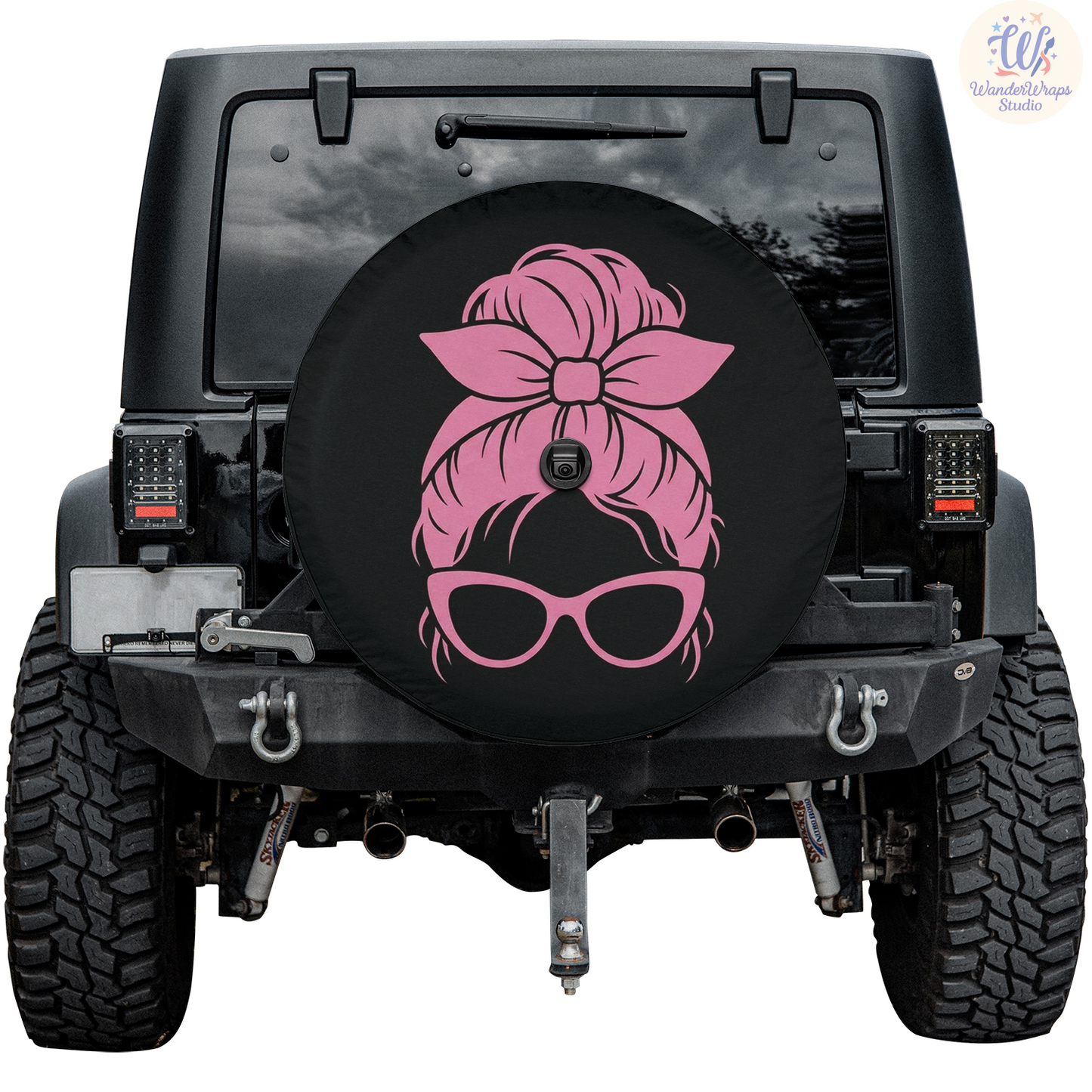Pink Messy Bun Spare Tire Cover – Waterproof UV Resistant Protector with Camera Hole