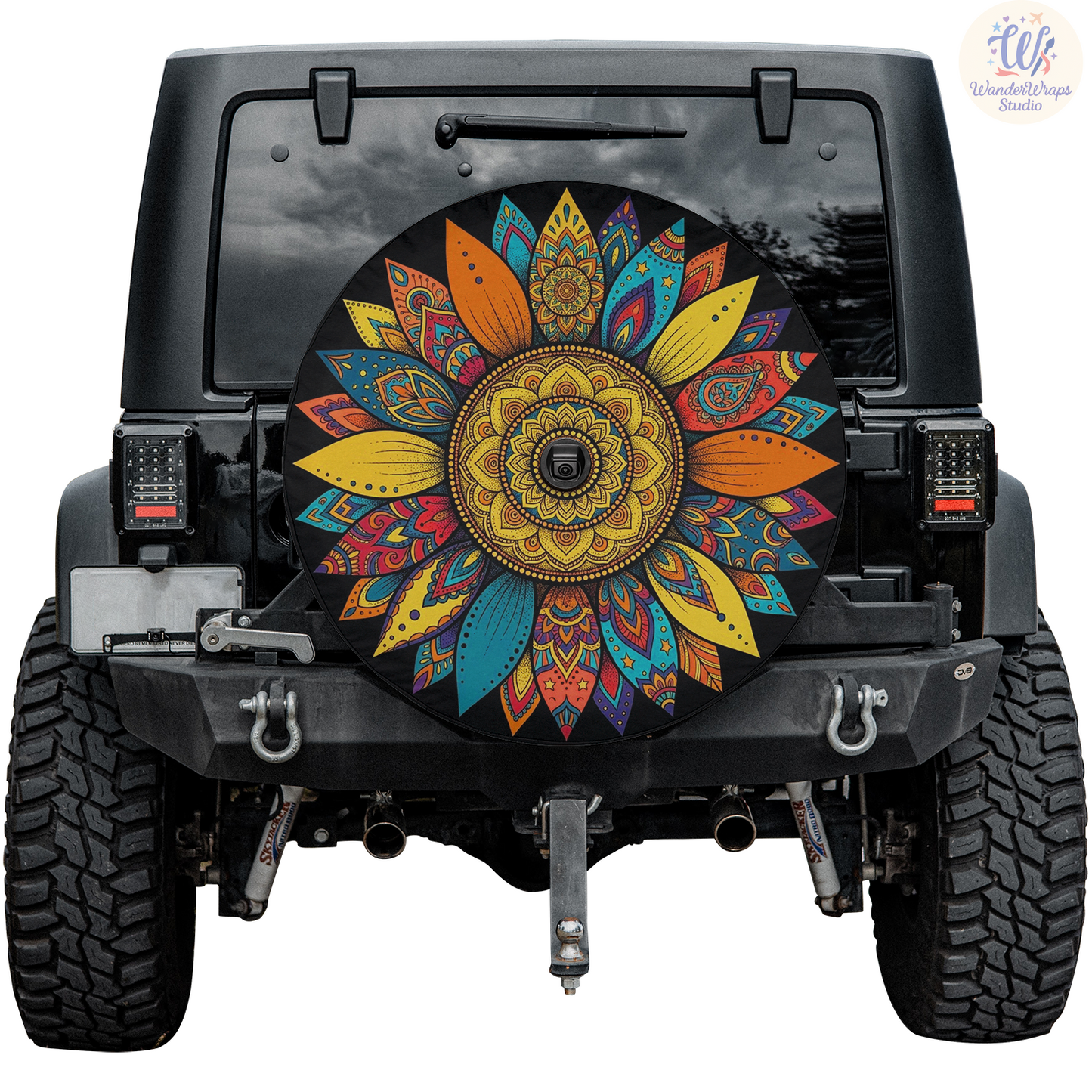 Multicolor Boho Sunflower Spare Tire Cover – Waterproof UV Resistant Protector with Camera Hole