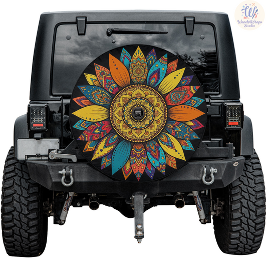 Multicolor Boho Sunflower Spare Tire Cover – Waterproof UV Resistant Protector with Camera Hole