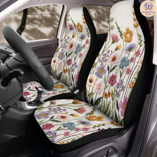 Pastel Meadow Faux Embroidery Car Seat Covers – High Quality Graphic and Polar Fleece Protector Set