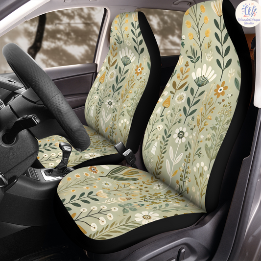Sage Green Floral Meadow Car Seat Covers – High Quality Graphic and Polar Fleece Protector Set