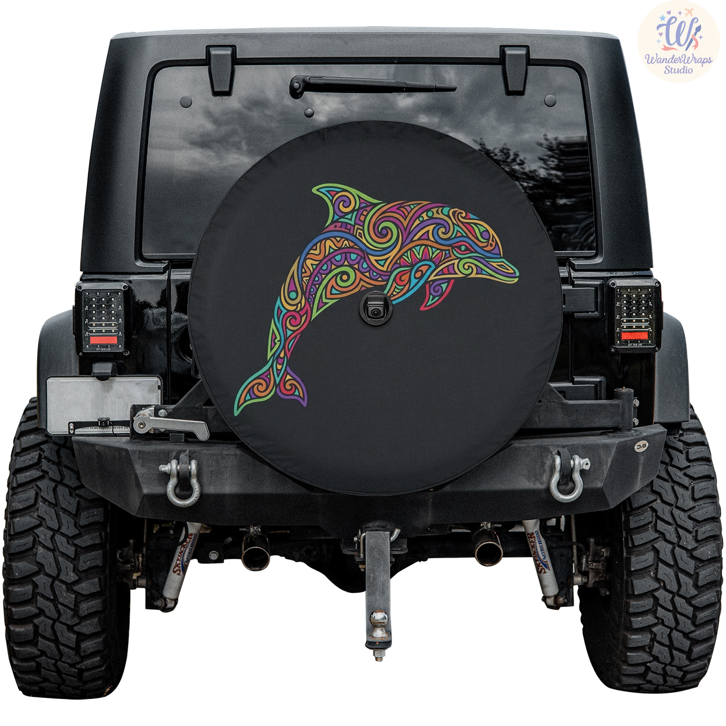 Tribal Psychedelic Dolphin Spare Tire Cover – Waterproof UV Resistant Protector with Camera Hole