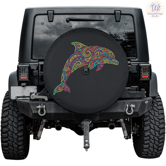 Tribal Psychedelic Dolphin Spare Tire Cover – Waterproof UV Resistant Protector with Camera Hole