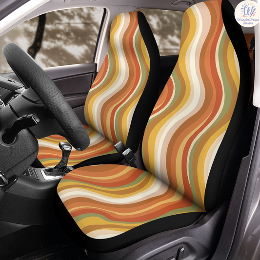 Retro Wavy Color Bands Car Seat Covers – High Quality Graphic and Polar Fleece Protector Set
