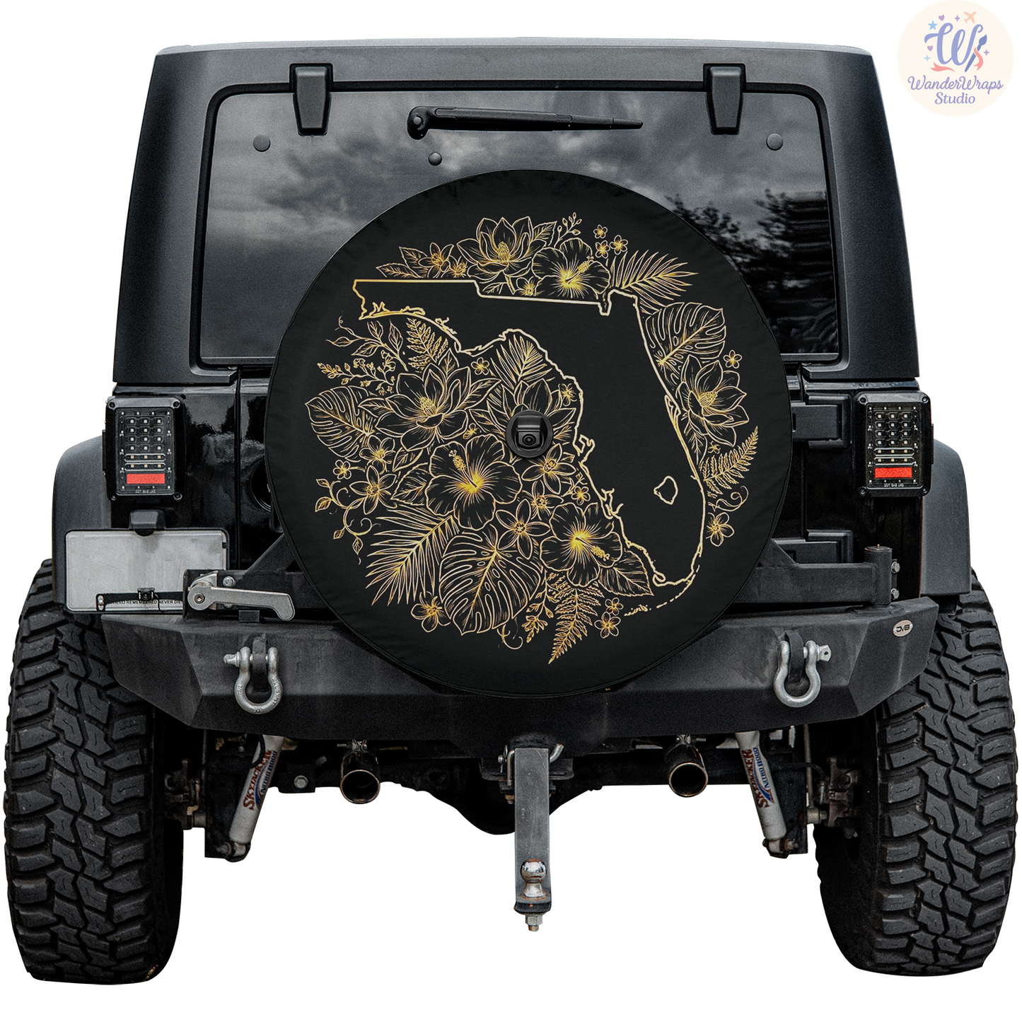 Dense Gold Floral Florida Spare Tire Cover – Waterproof UV Resistant Protector with Camera Hole
