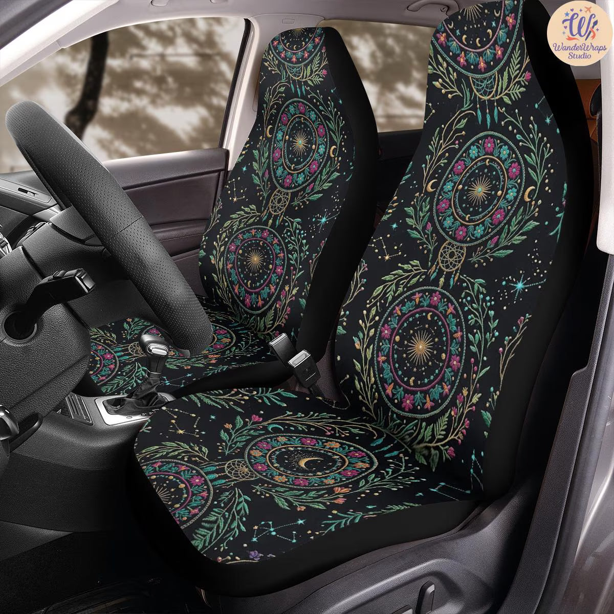 Celestial Floral Mandala Faux Embroidery Car Seat Covers – High Quality Graphic and Polar Fleece Protector Set