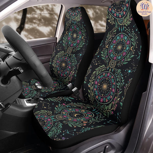Celestial Floral Mandala Faux Embroidery Car Seat Covers – High Quality Graphic and Polar Fleece Protector Set