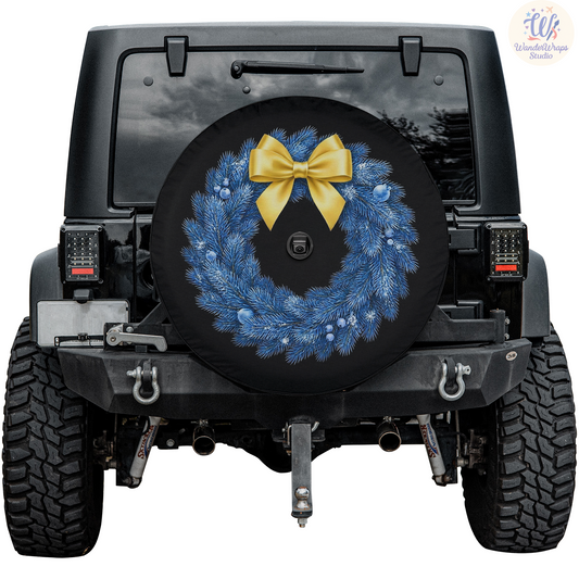 Blue Winter Wreath Spare Tire Cover – Waterproof UV Resistant Protector with Camera Hole