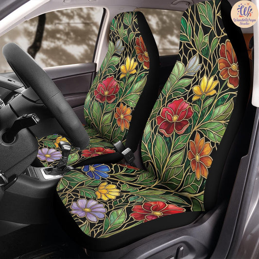 Mosaic Garden Jewel Floral Pattern Car Seat Covers – High Quality Graphic and Polar Fleece Protector Set