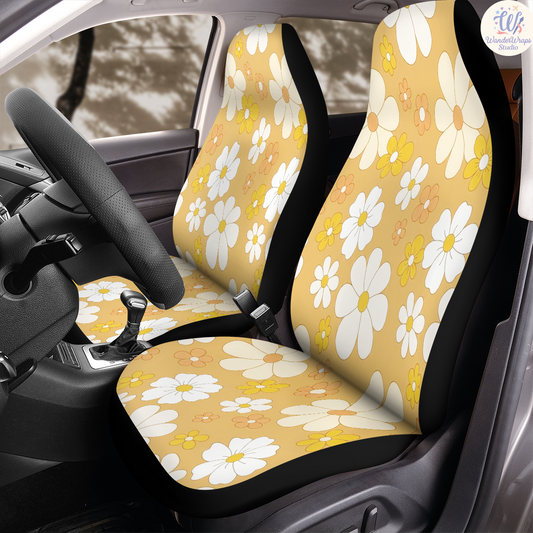 Golden Retro Bloom Car Seat Covers – High Quality Graphic and Polar Fleece Protector Set