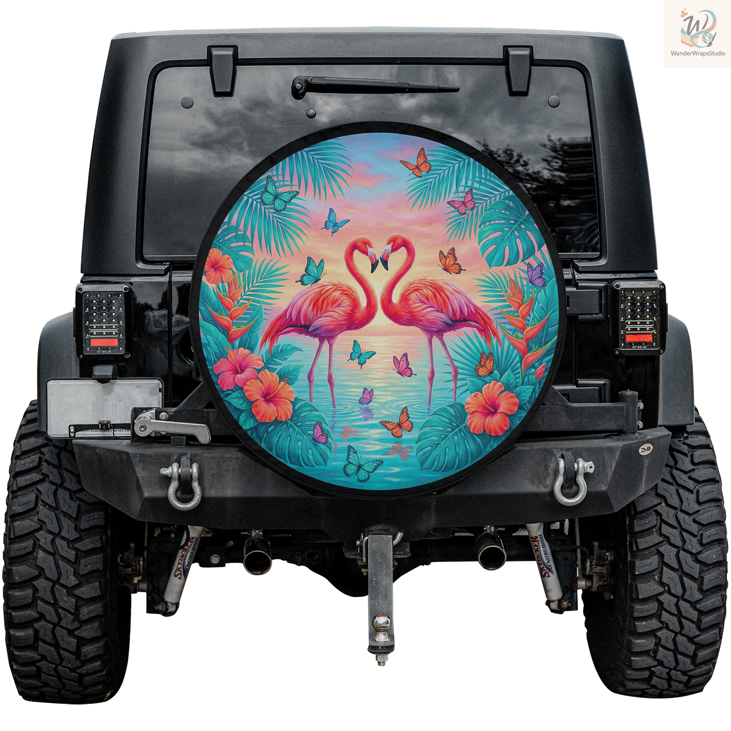 Tropical Flamingo Sunset Lagoon Spare Tire Cover – Waterproof UV Resistant Protector with Camera Hole