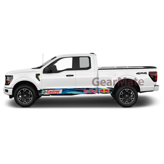 Racing Light Blue Castrol Redbull Rocker Panel Graphic Decal Kit (Left & Right Sides) - High Quality Vinyl for Trucks & SUVs