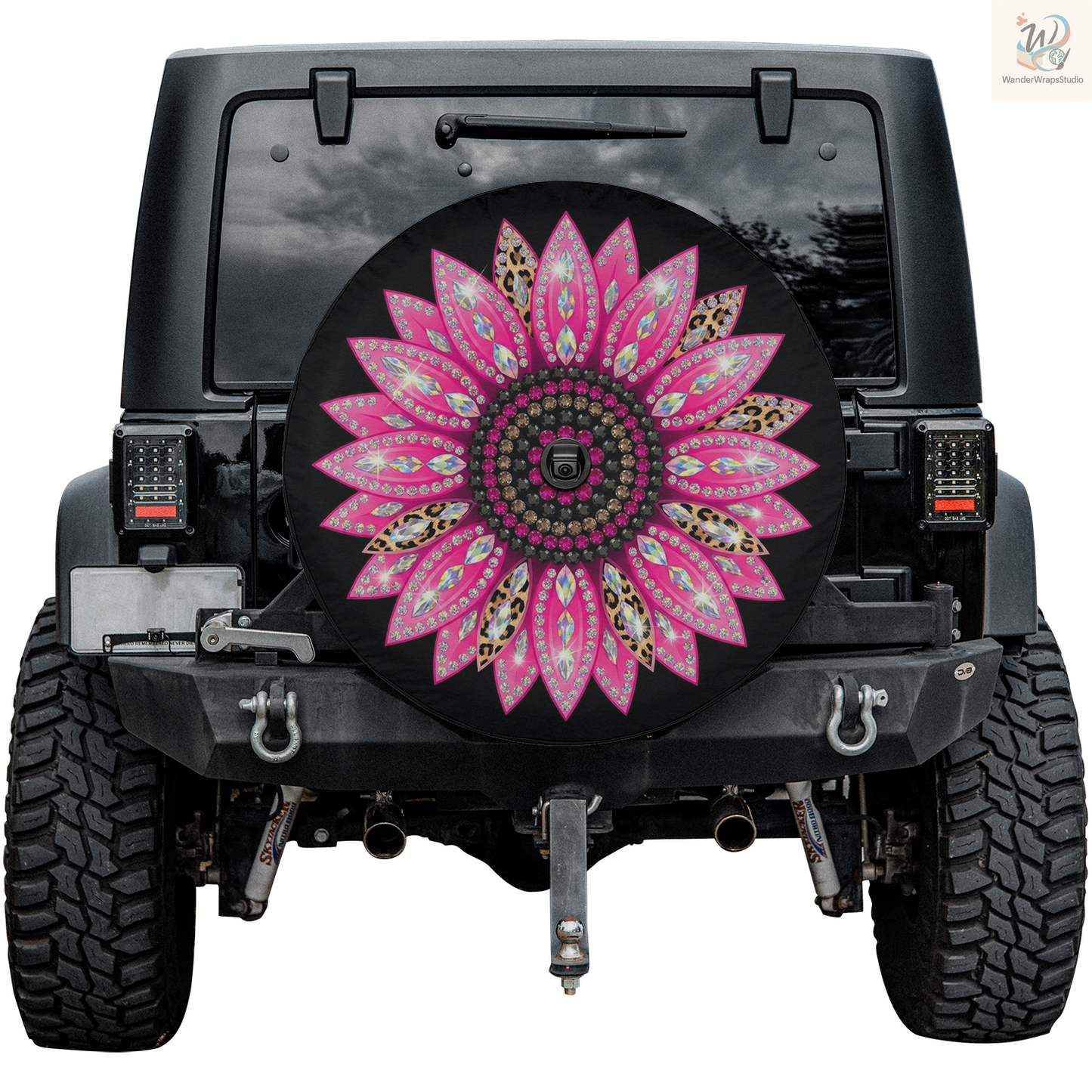 Sunflower Rhinestones Spare Tire Cover – Waterproof UV Resistant Protector with Camera Hole