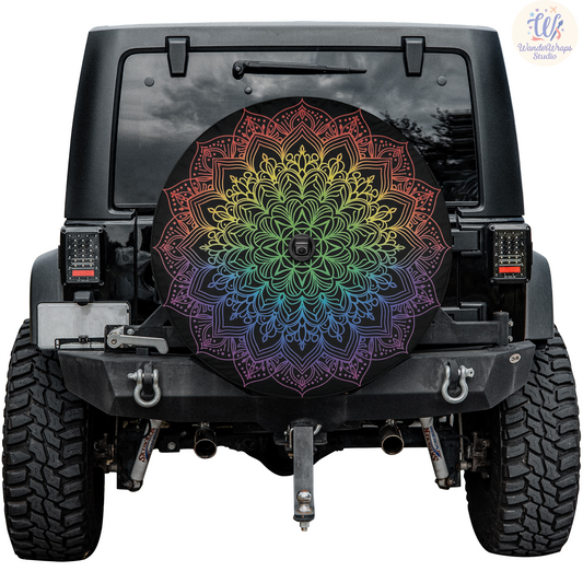 Rainbow Mandala Spare Tire Cover – Waterproof UV Resistant Protector with Camera Hole