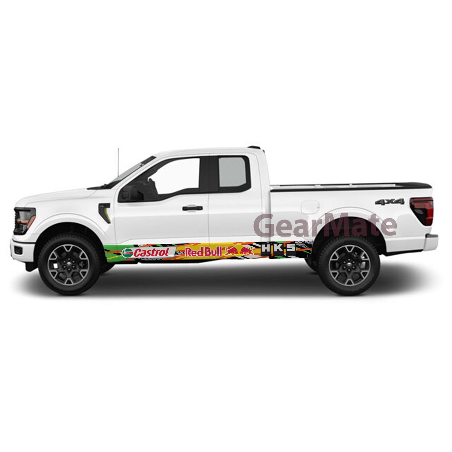 Racing Fire Yellow Green HKS Castrol Redbull Rocker Panel Graphic Decal Kit (Left & Right Sides) - High Quality Vinyl for Trucks & SUVs