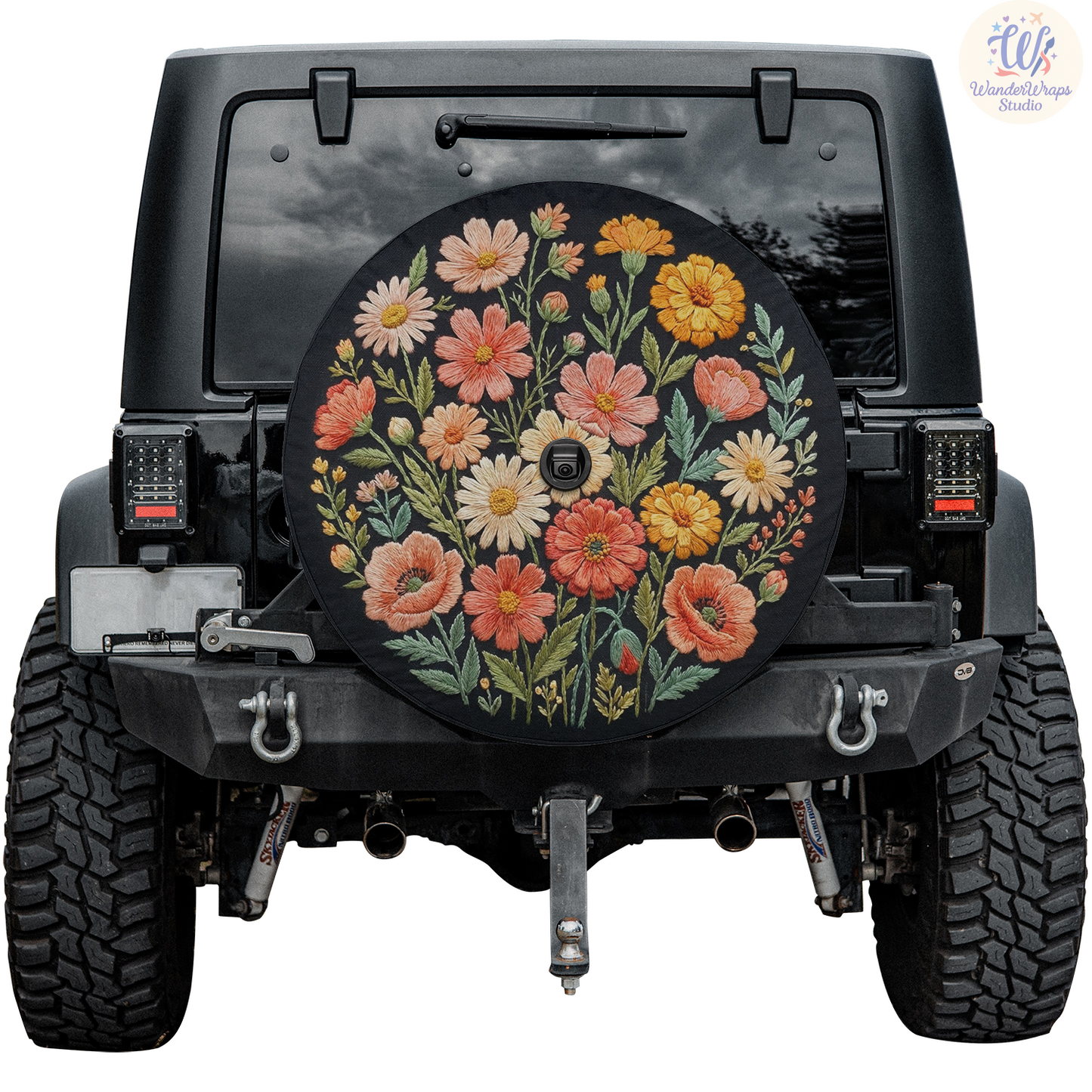 Embroidered Wildflower Spare Tire Cover – Waterproof UV Resistant Protector with Camera Hole