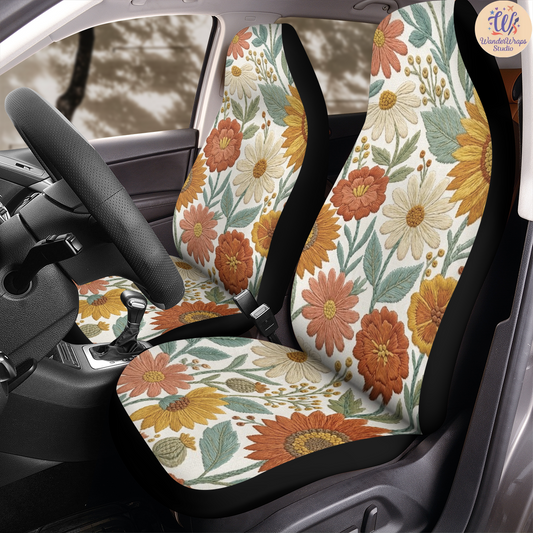 Sunflower Folk Meadow Faux Embroidery Car Seat Covers – High Quality Graphic and Polar Fleece Protector Set