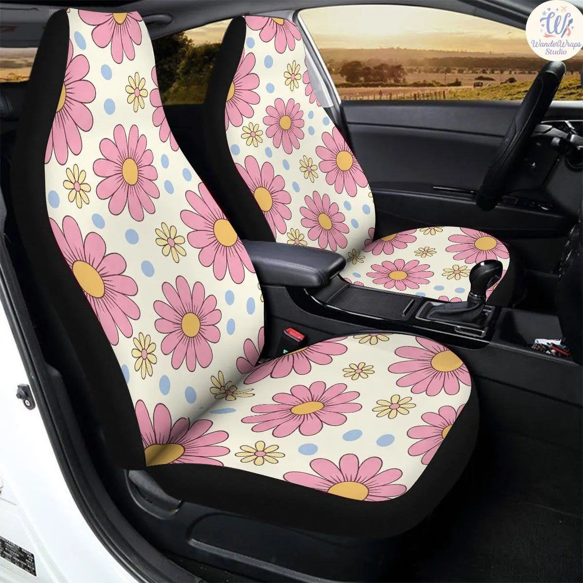 Retro Daisy Pop Floral Pattern Car Seat Covers – High Quality Graphic and Polar Fleece Protector Set