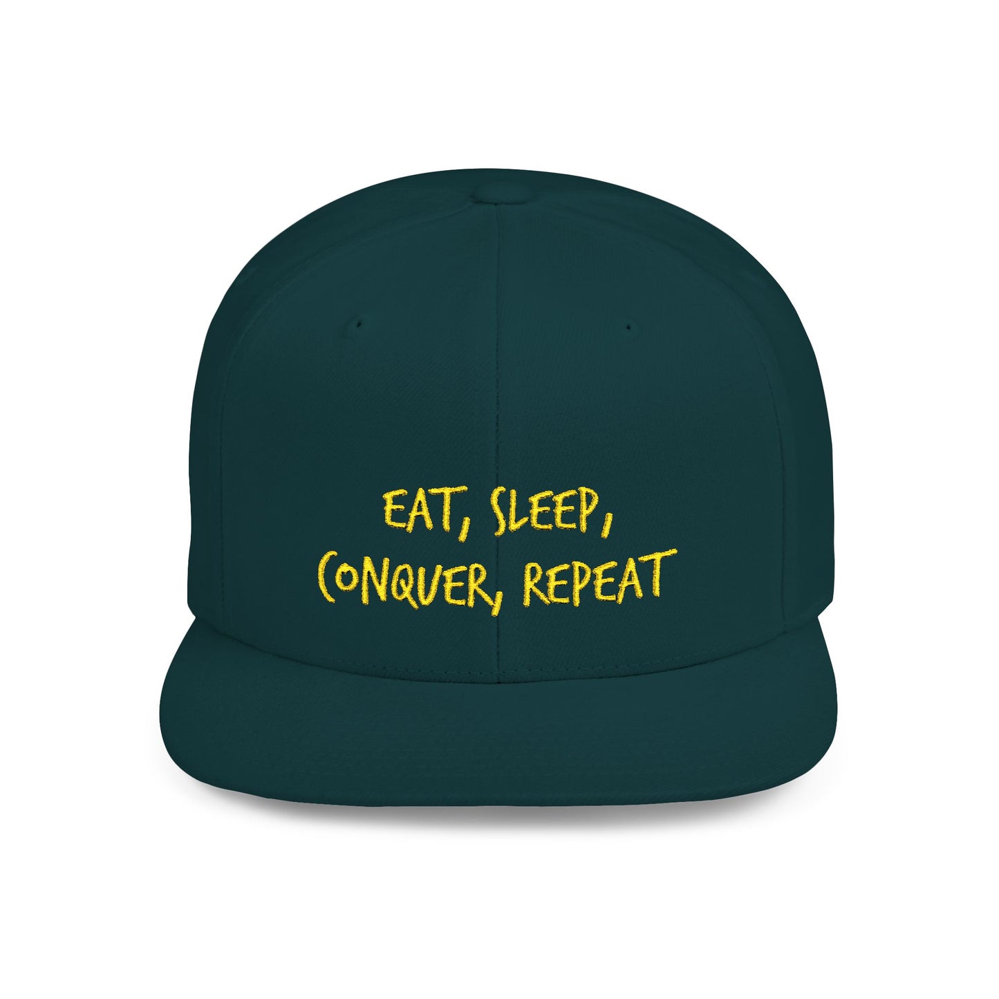 Text Eat Sleep Conquer Repeat Flat Bill Snapback – Lightweight, Custom Fit, Premium Quality