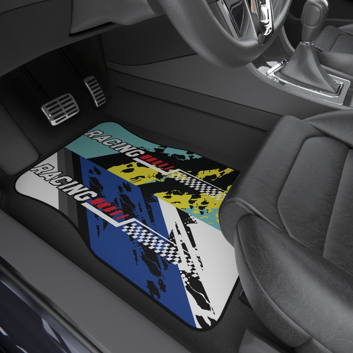 Sport Racing Blue Green Car Floor Mats – 2-Piece Front Set, Durable & Stylish, Universal Fit