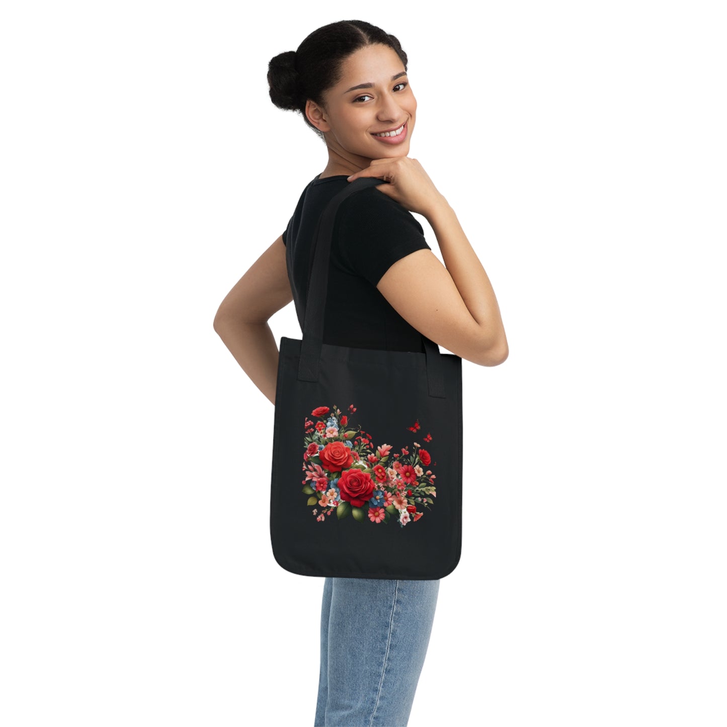Flowers Red Rose Floral Organic Canvas Tote Bag - Eco-Friendly Carryall for Everyday Use