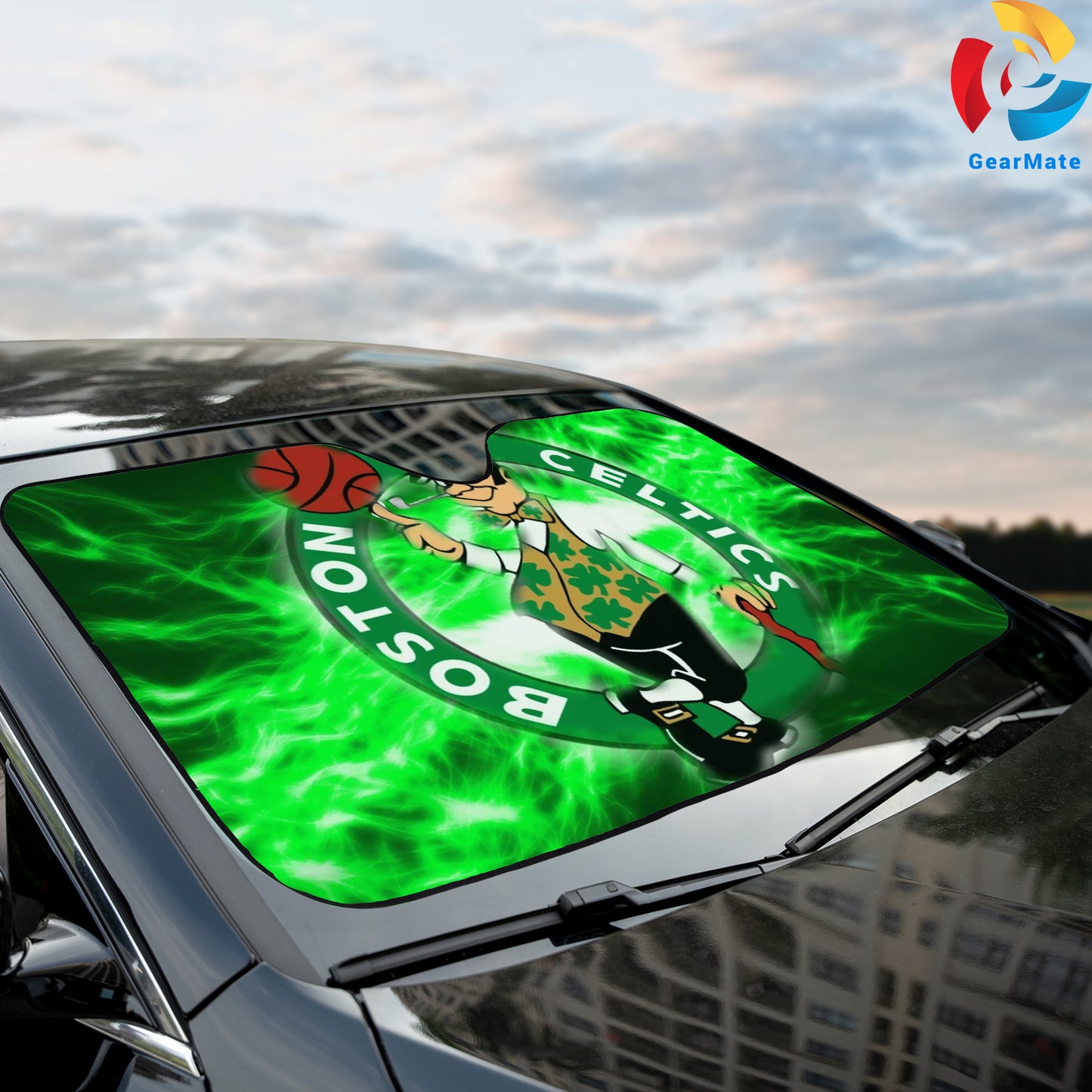 Boston Celtics Green Lightning Reflective Car Sunshade – Premium Heat & UV Protection, Universal Fit