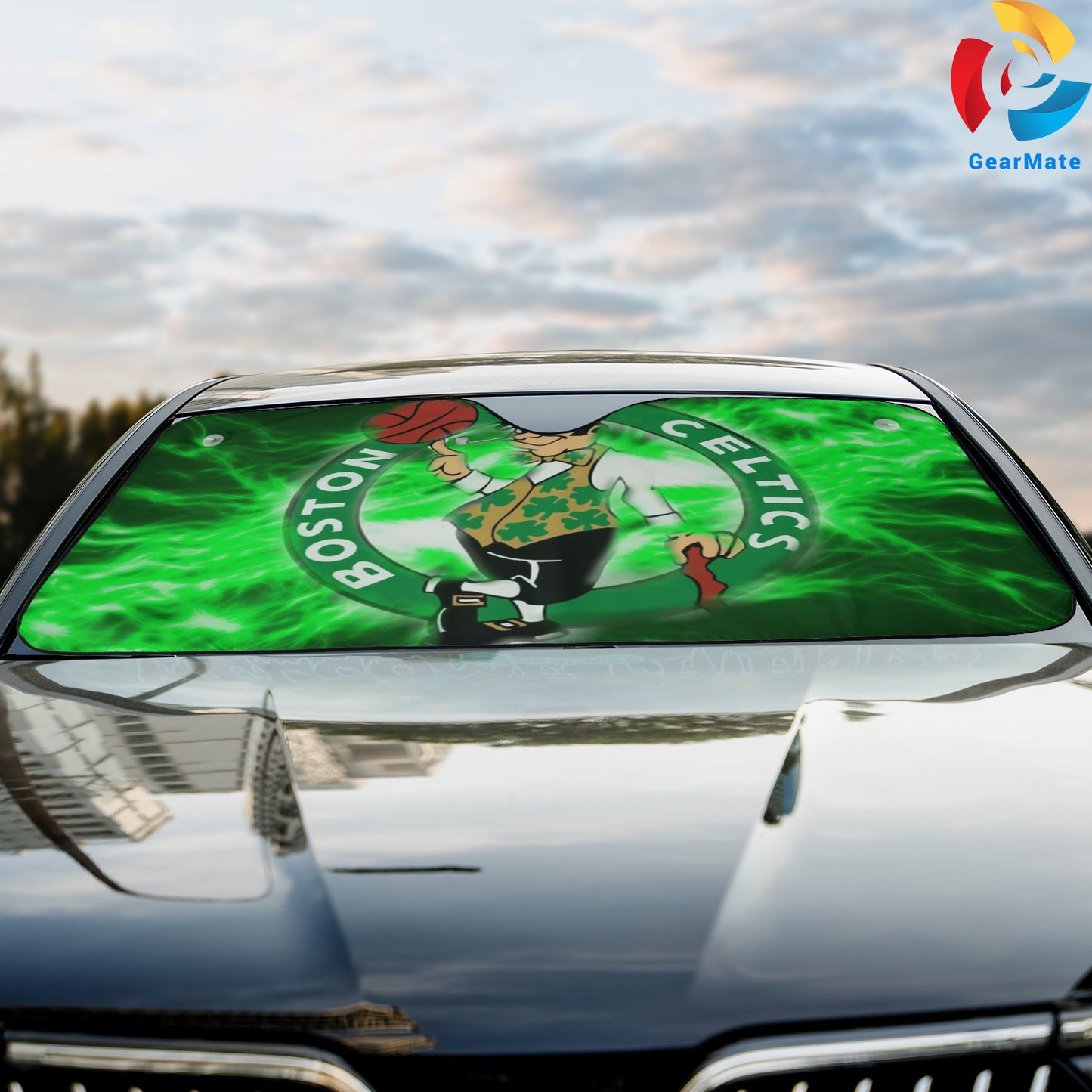 Boston Celtics Green Lightning Reflective Car Sunshade – Premium Heat & UV Protection, Universal Fit