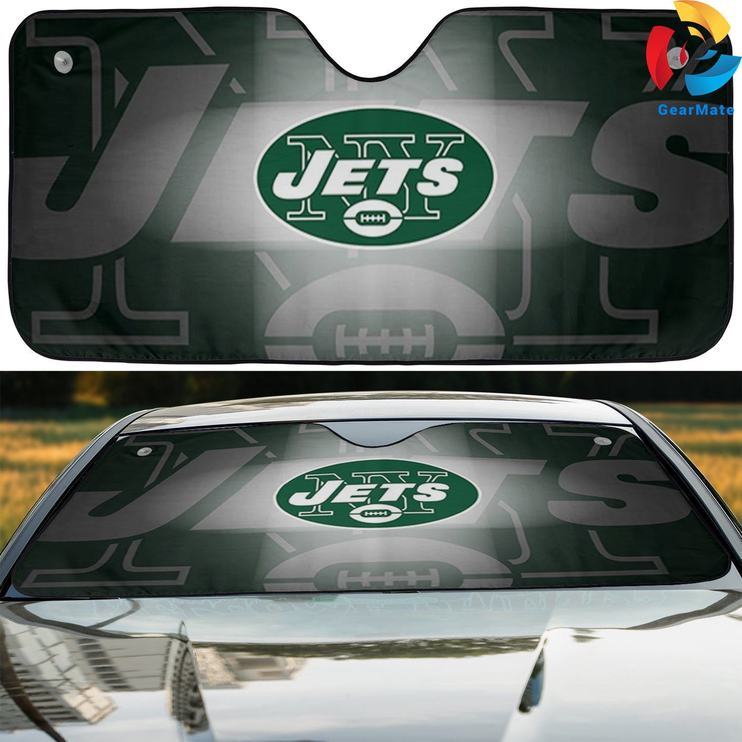 New York Jets NFL Football Logo Shadow Car Cover Reflective Car Sunshade – Premium Heat & UV Protection, Universal Fit