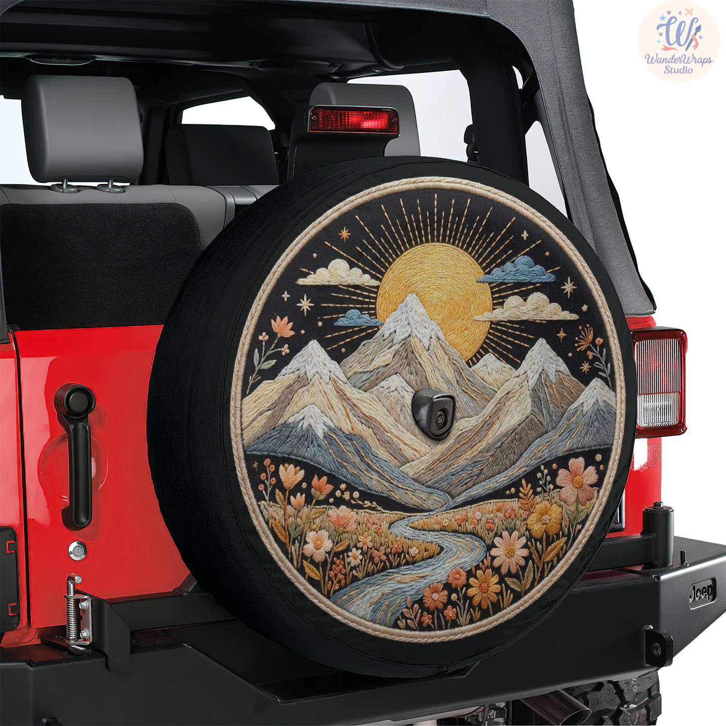 Embroidered Mountain Landscape Spare Tire Cover – Waterproof UV Resistant Protector with Camera Hole
