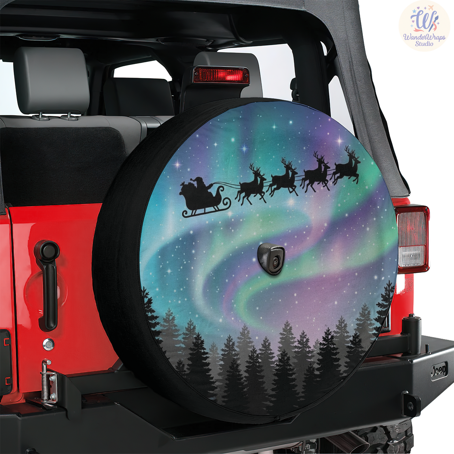 Santa Sleigh Above Northern Lights Spare Tire Cover – Waterproof UV Resistant Protector with Camera Hole
