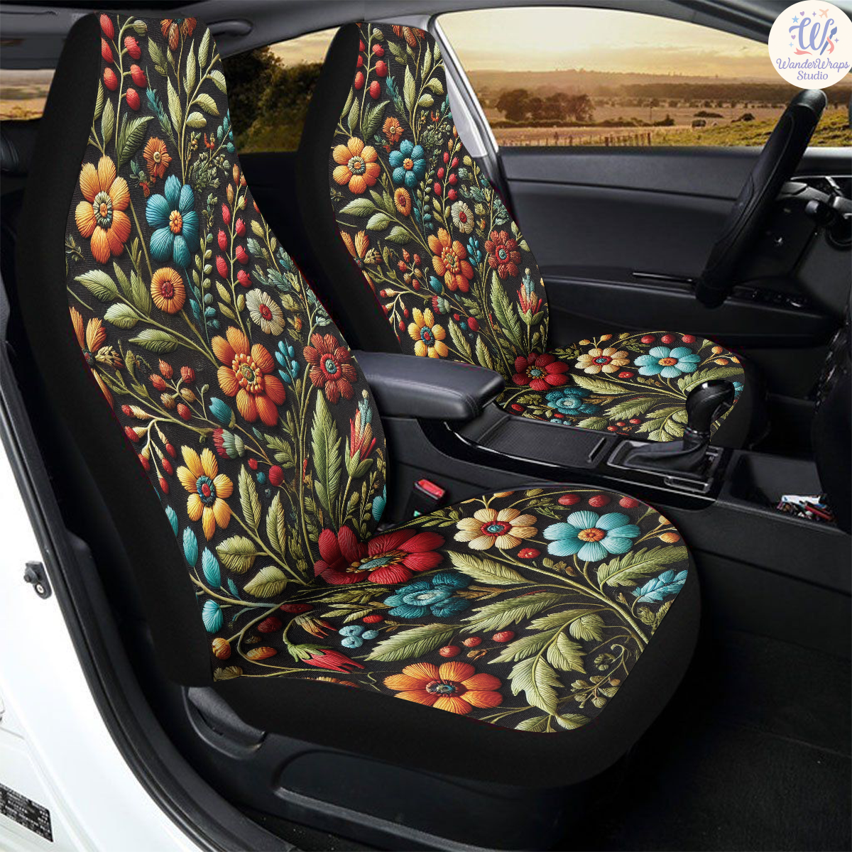 Midnight Bloom Folk Garden Car Seat Covers – High Quality Graphic and Polar Fleece Protector Set