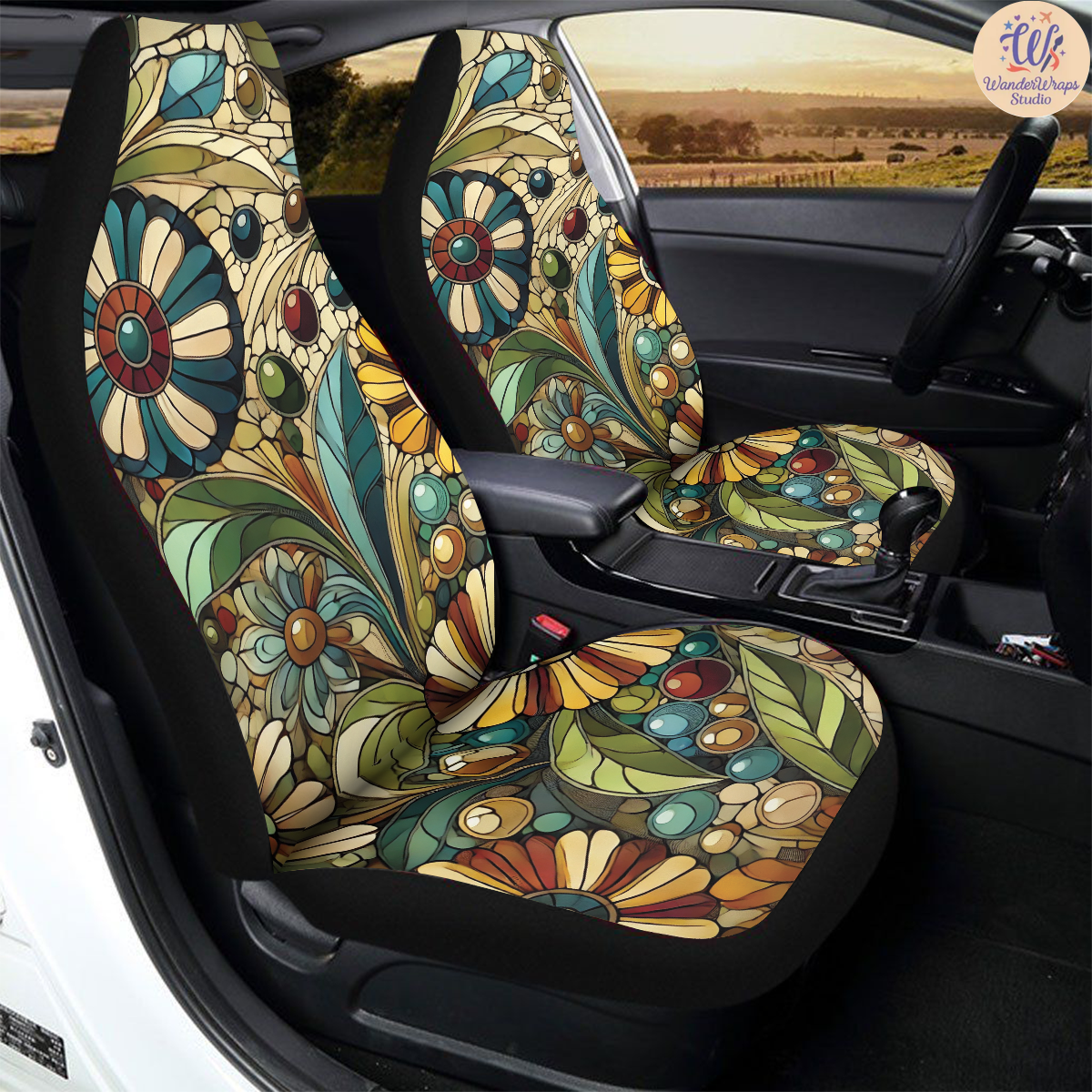 Mosaic Floral Car Seat Covers – High Quality Graphic and Polar Fleece Protector Set