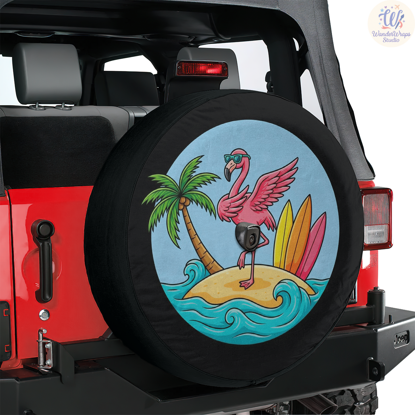 Tropical Flamingo Spare Tire Cover – Waterproof UV Resistant Protector with Camera Hole