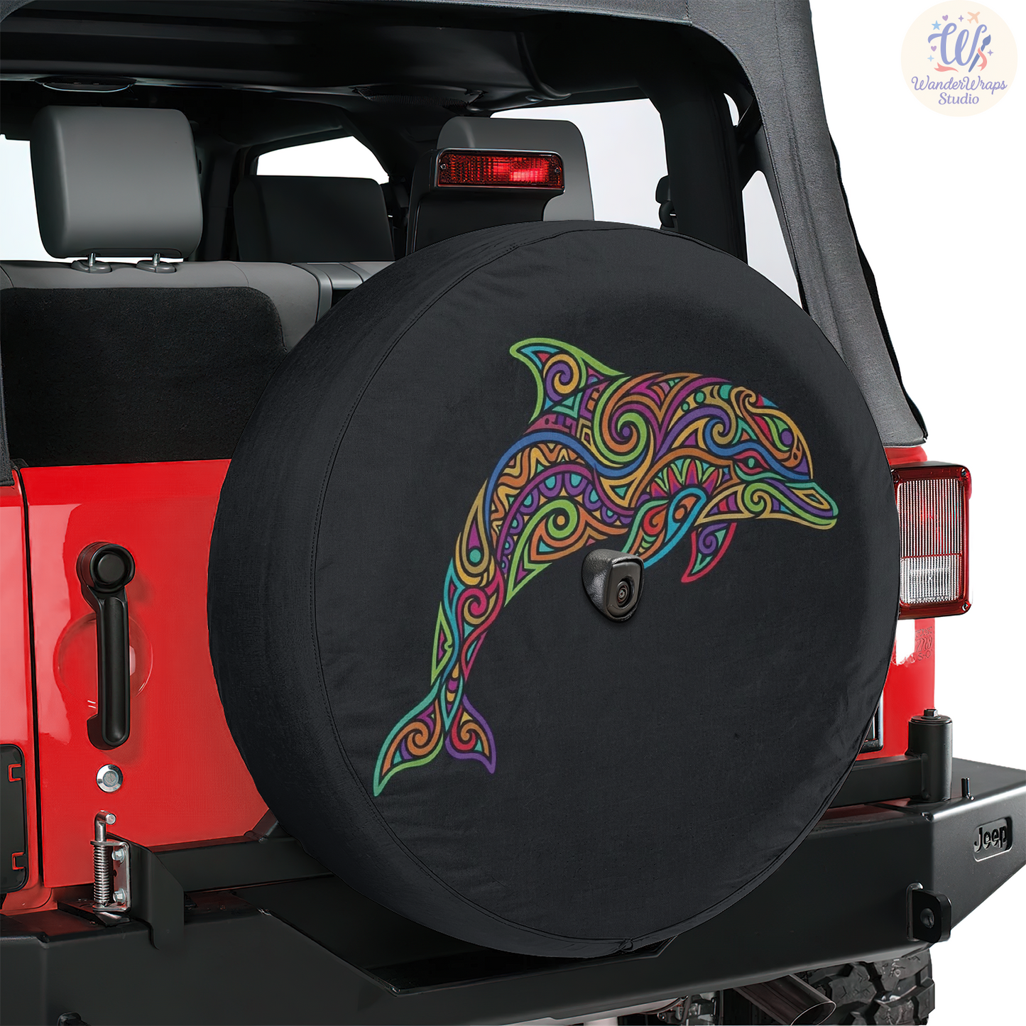 Tribal Psychedelic Dolphin Spare Tire Cover – Waterproof UV Resistant Protector with Camera Hole