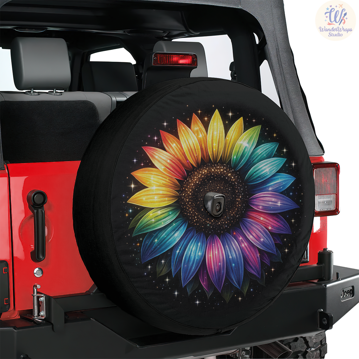 Sparkles Rainbow Sunflower Spare Tire Cover – Waterproof UV Resistant Protector with Camera Hole