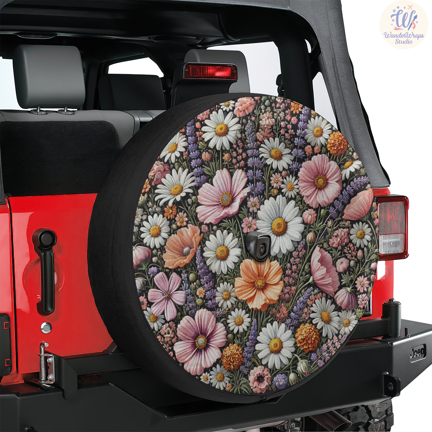 Wildflowers Faux Embriodery Spare Tire Cover – Waterproof UV Resistant Protector with Camera Hole