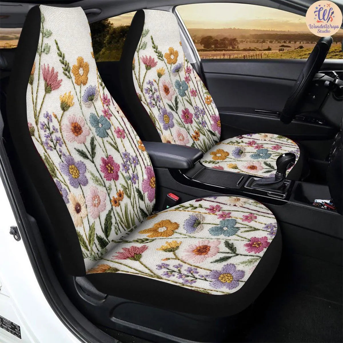 Pastel Meadow Faux Embroidery Car Seat Covers – High Quality Graphic and Polar Fleece Protector Set
