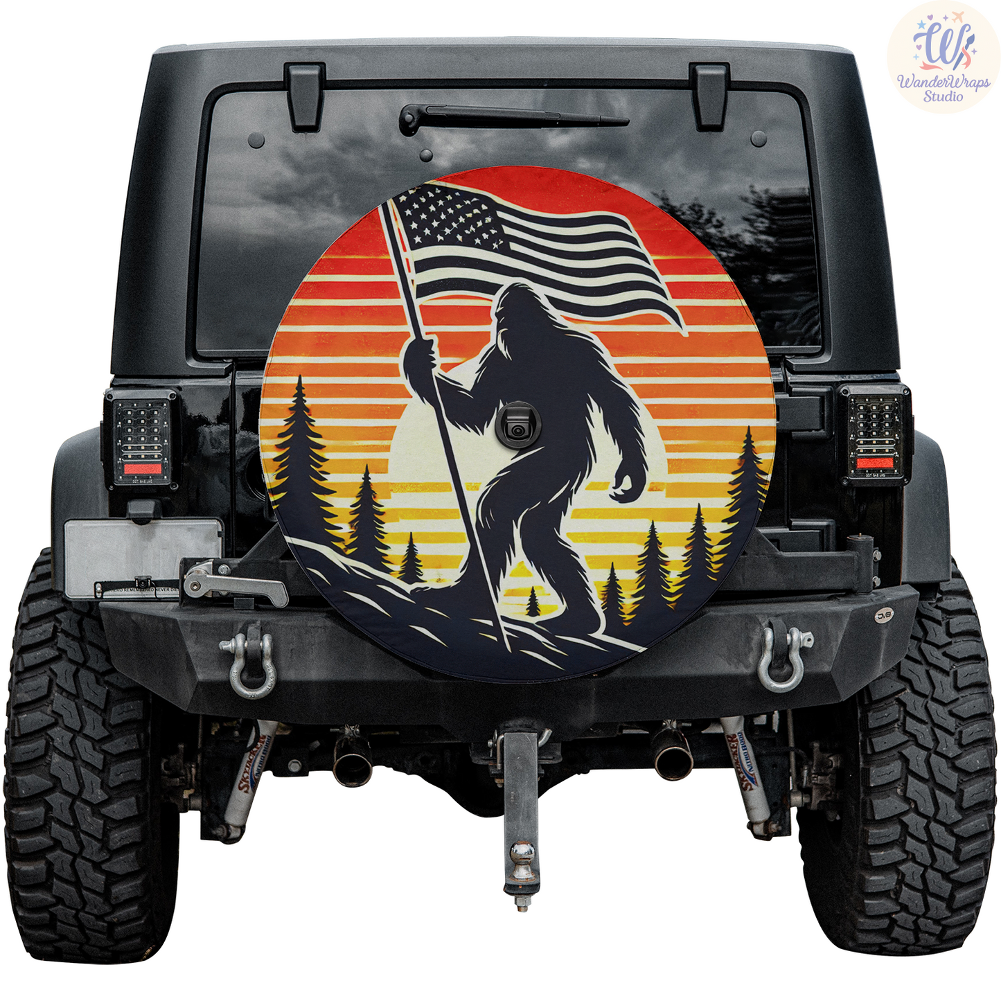 Big Foot American Flag Spare Tire Cover – Waterproof UV Resistant Protector with Camera Hole