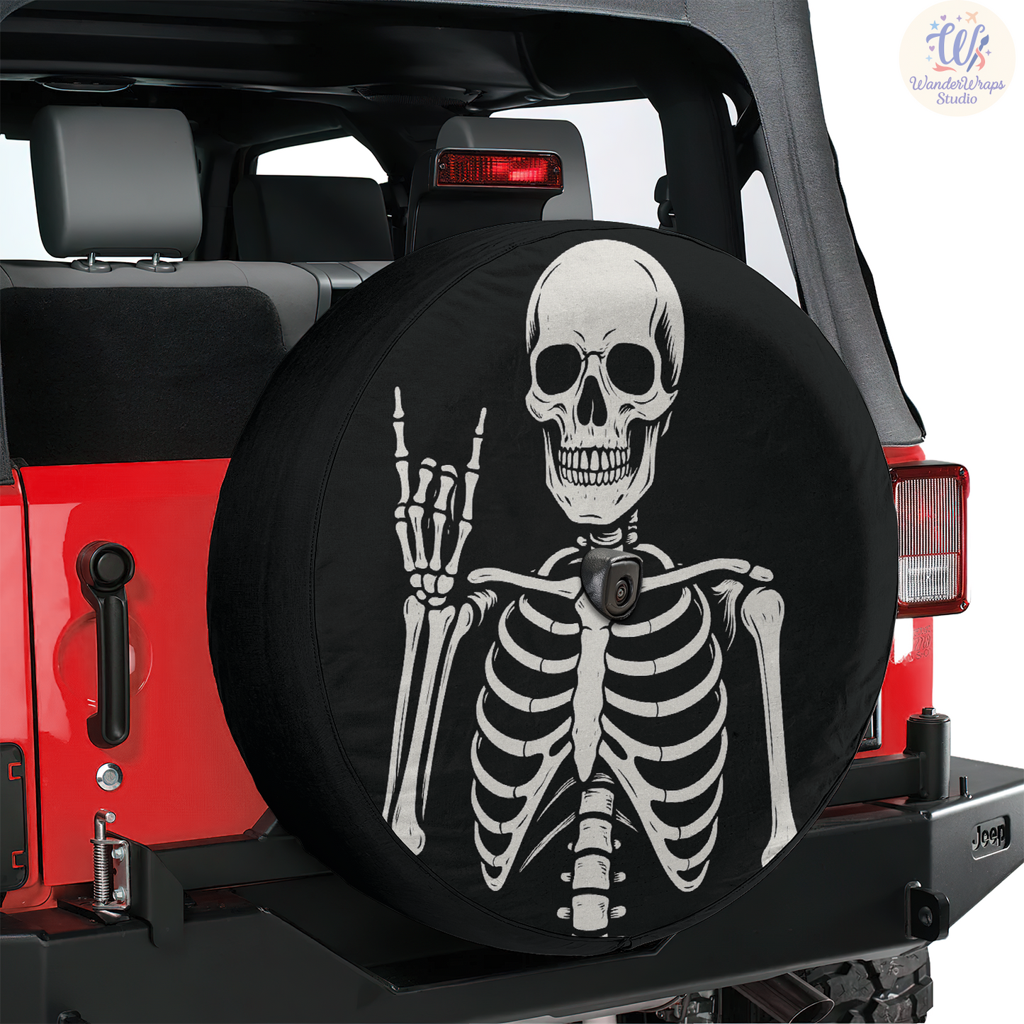 Rock On Skeleton Spare Tire Cover – Waterproof UV Resistant Protector with Camera Hole