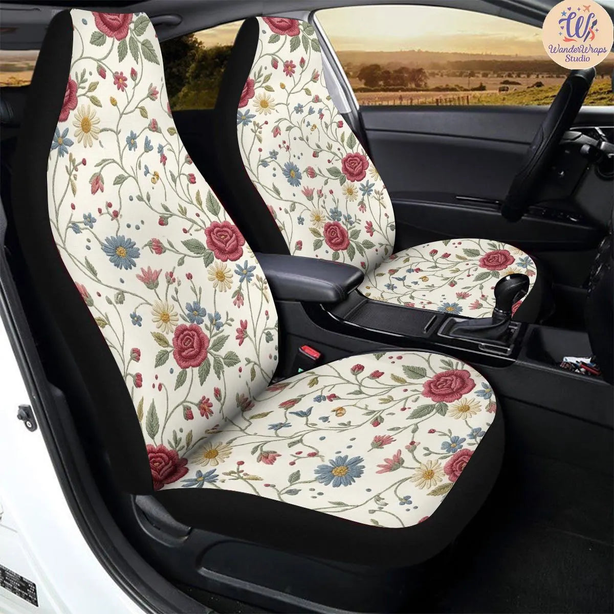 Vintage Floral Faux Embroidery Car Seat Covers – High Quality Graphic and Polar Fleece Protector Set