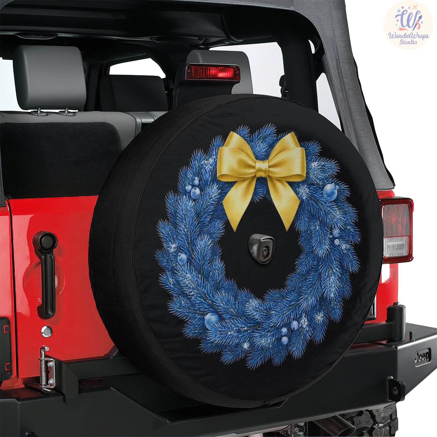 Blue Winter Wreath Spare Tire Cover – Waterproof UV Resistant Protector with Camera Hole