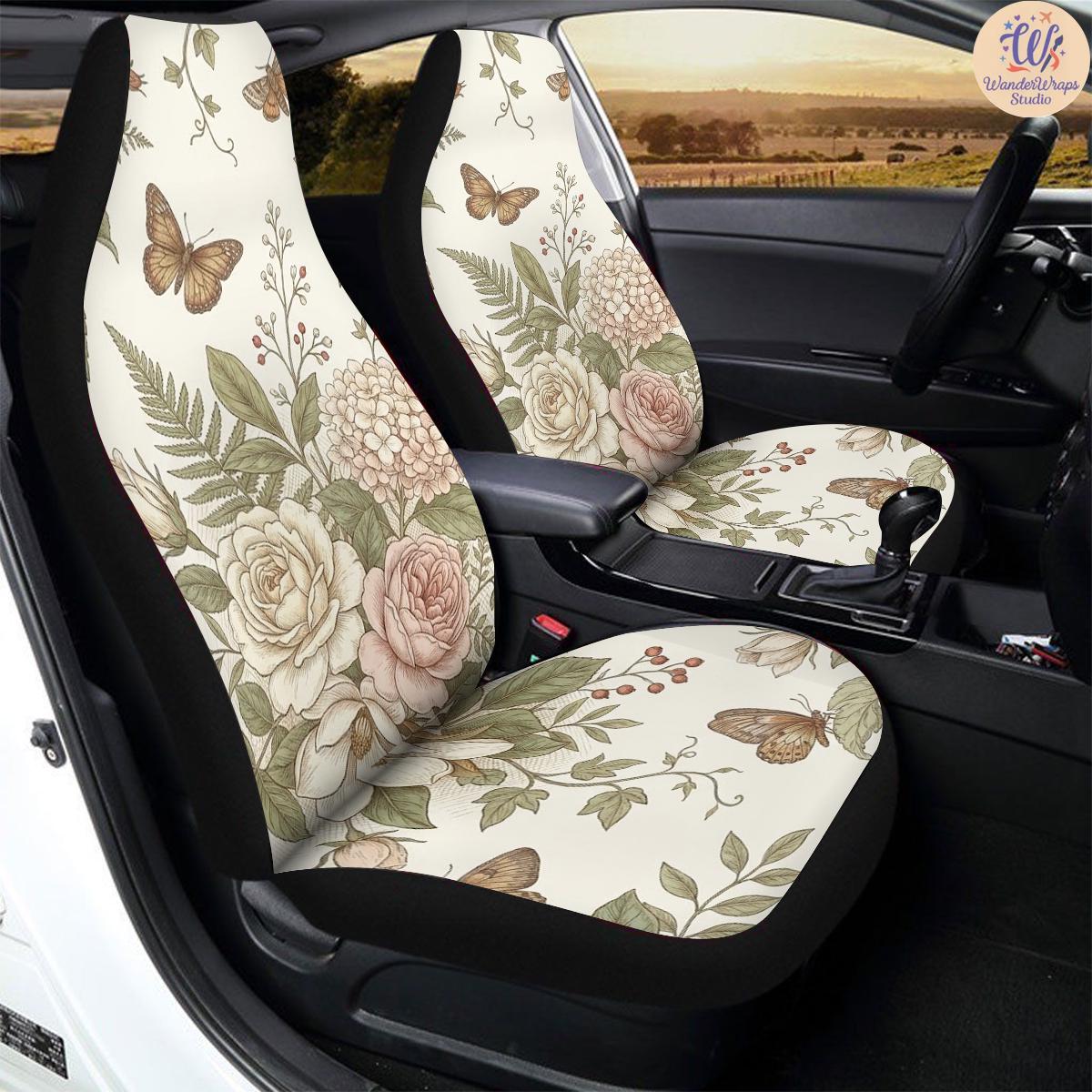 Vintage Botanical Butterfly Garden Pattern Car Seat Covers – High Quality Graphic and Polar Fleece Protector Set
