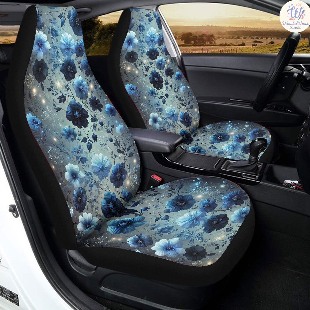 Dark Blue Flowers Car Seat Covers – High Quality Graphic and Polar Fleece Protector Set