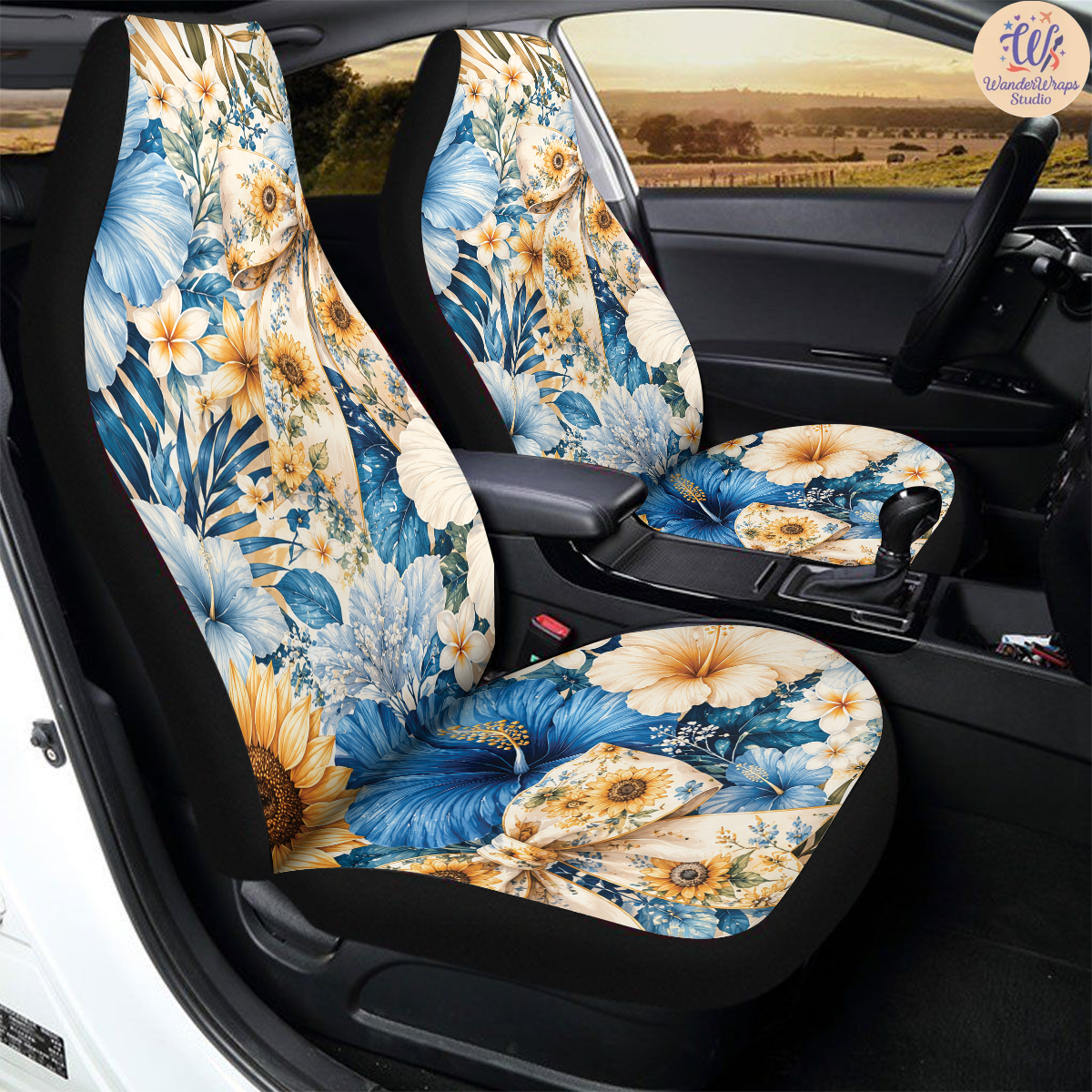 Tropical Sunflower Bow Coastal Car Seat Covers – High Quality Graphic and Polar Fleece Protector Set