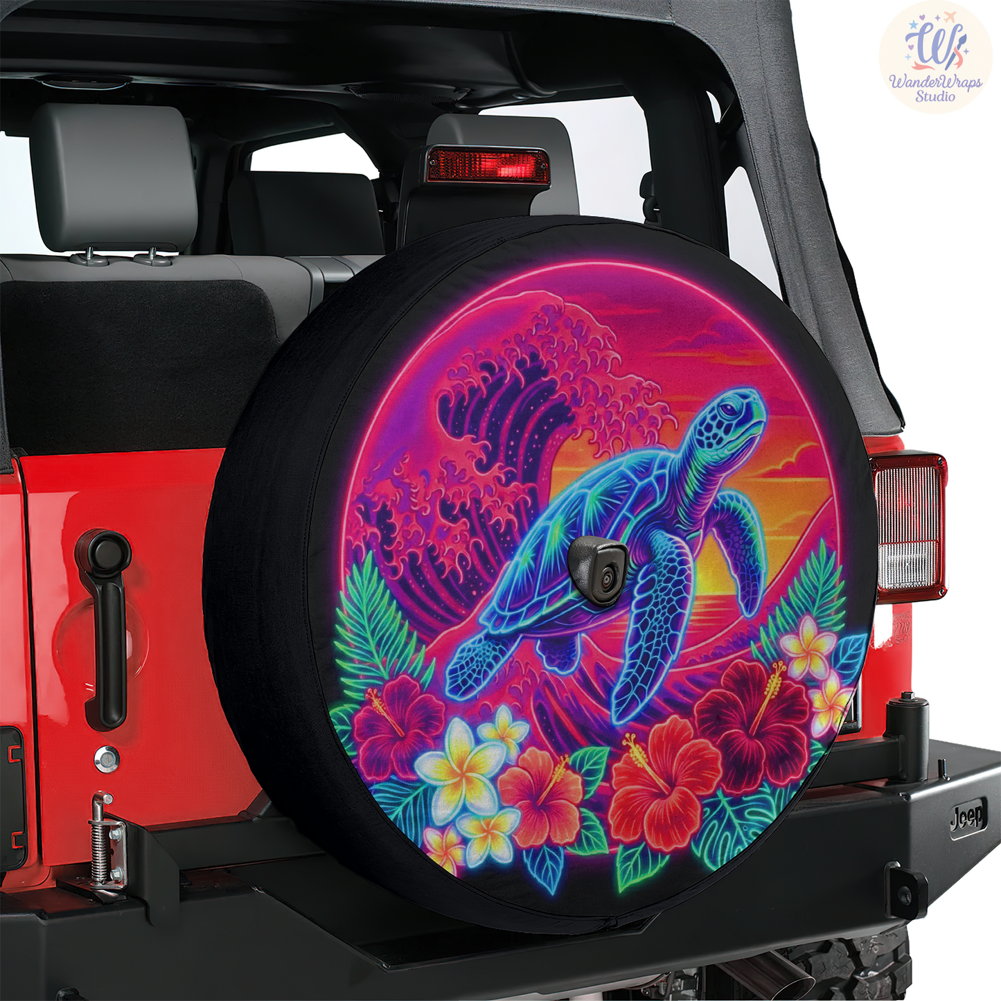 Neon Tropical Sea Turtle Spare Tire Cover – Waterproof UV Resistant Protector with Camera Hole
