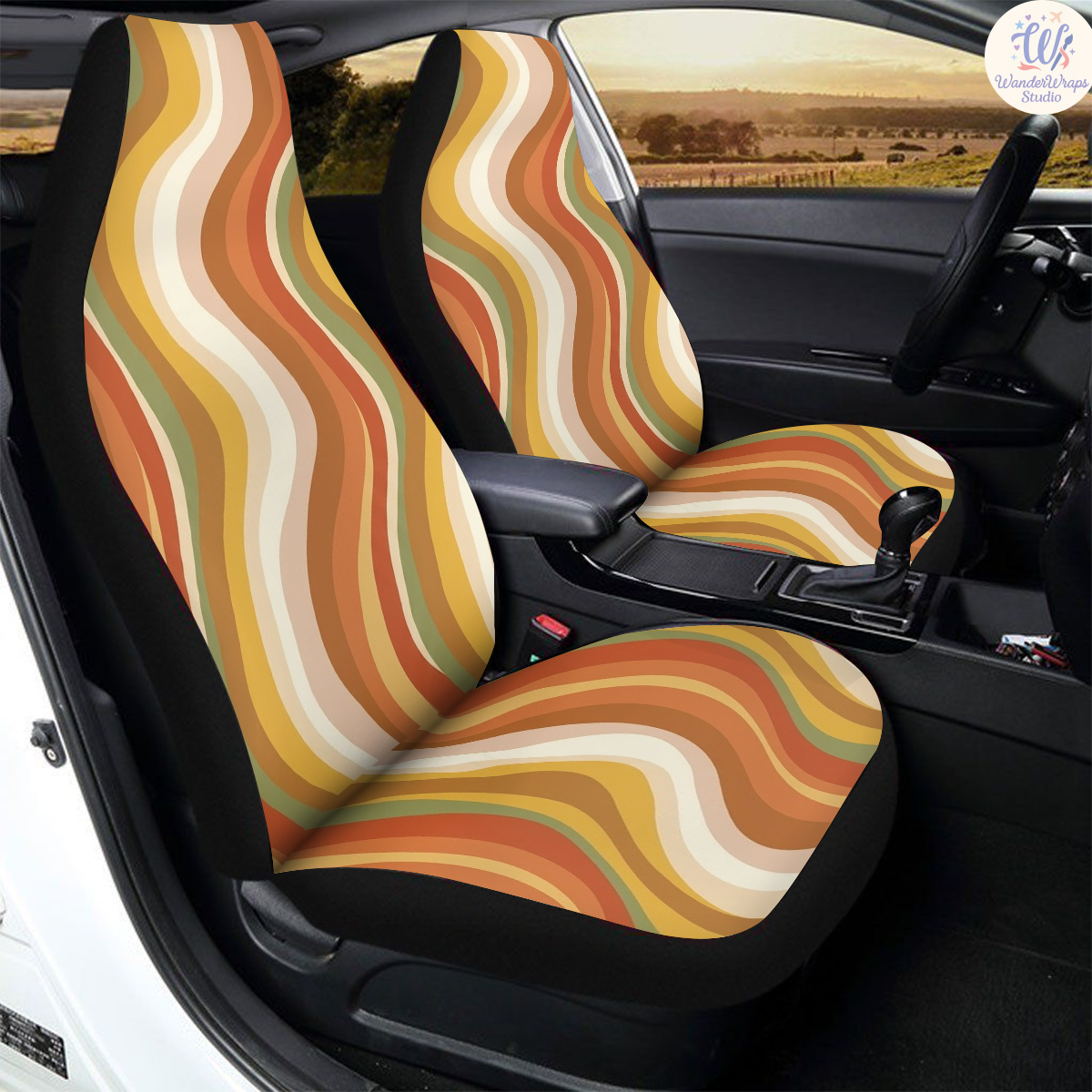 Retro Wavy Color Bands Car Seat Covers – High Quality Graphic and Polar Fleece Protector Set