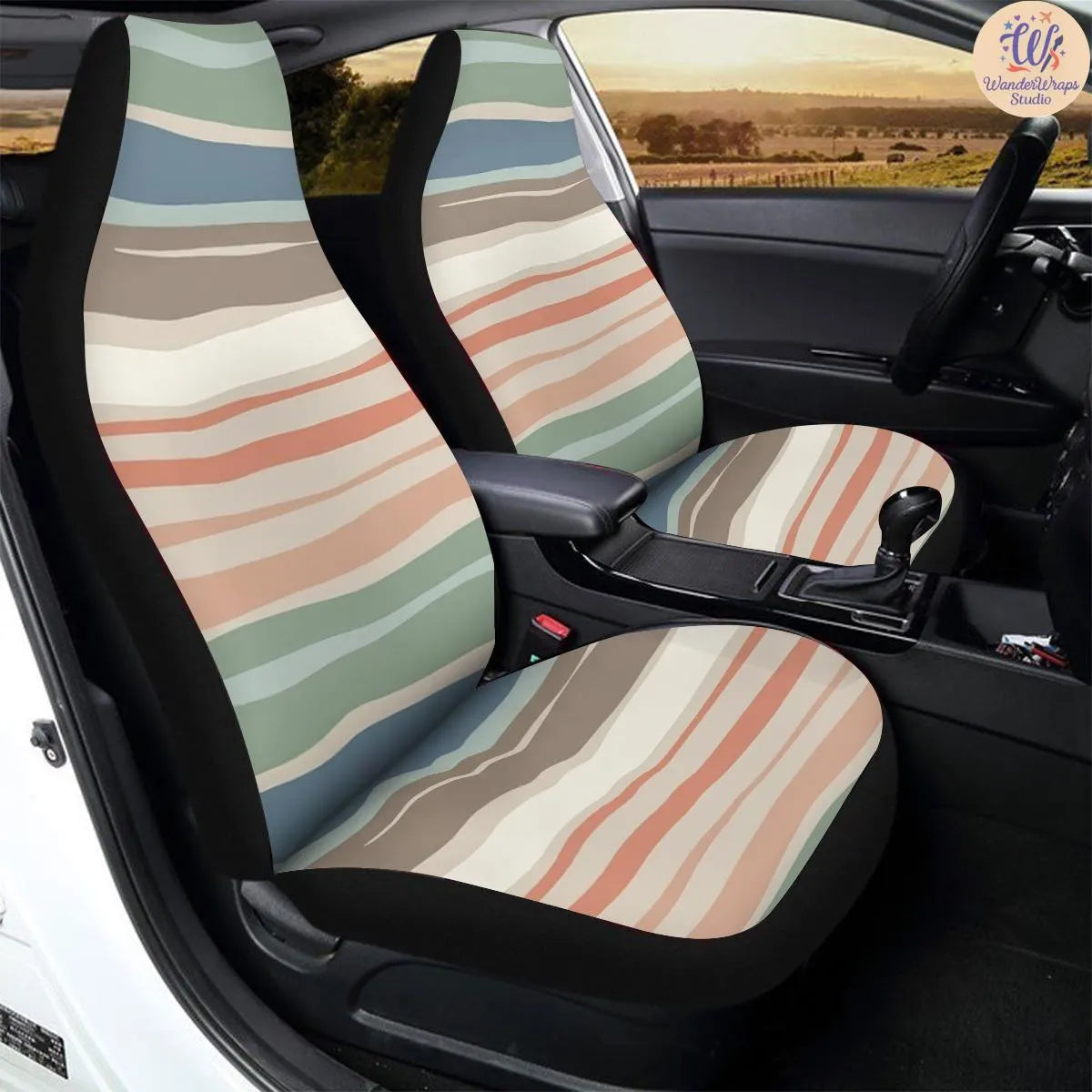 Scandinavian Wave Stripe Pattern Car Seat Covers – High Quality Graphic and Polar Fleece Protector Set