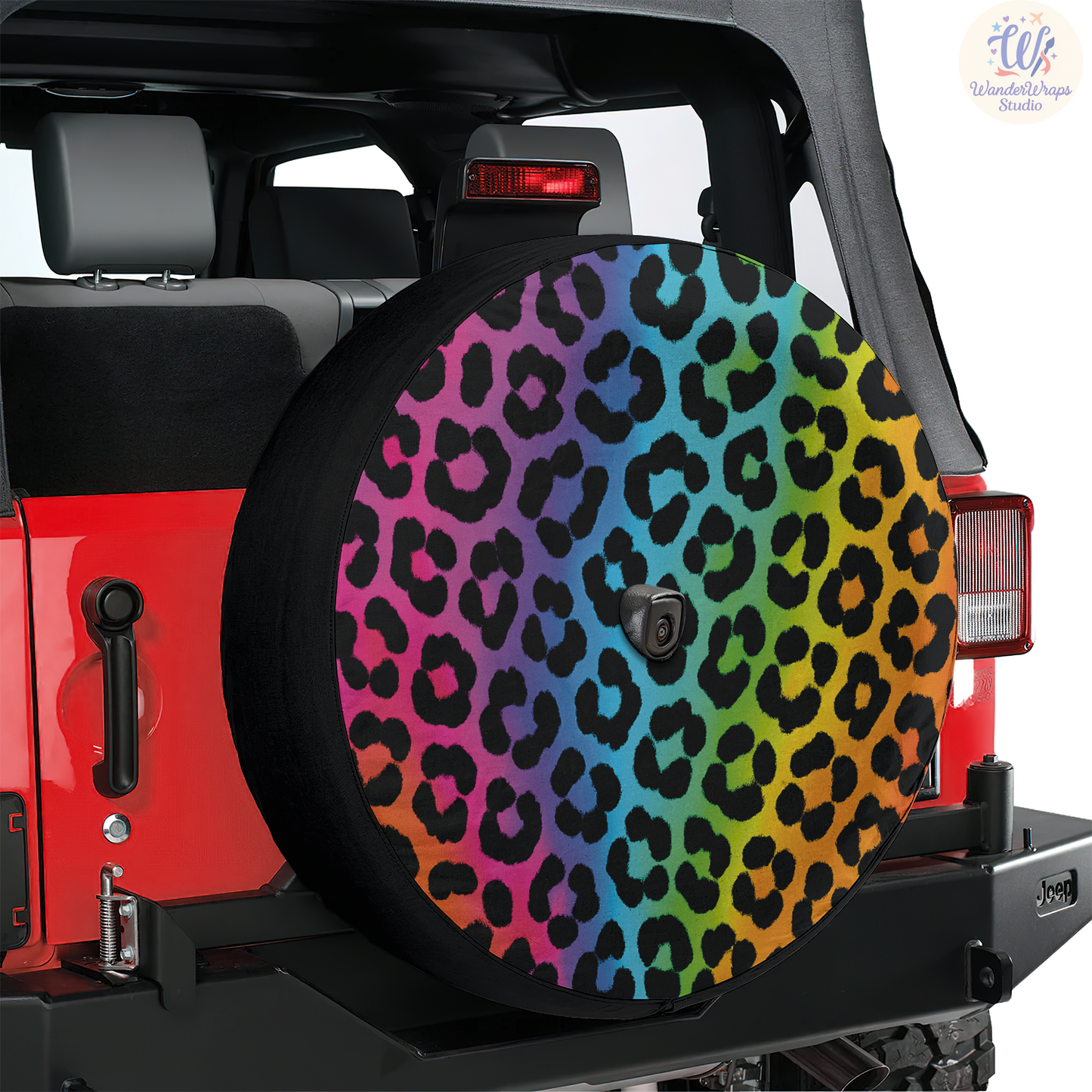 Neon Rainbow Leopard Spare Tire Cover – Waterproof UV Resistant Protector with Camera Hole